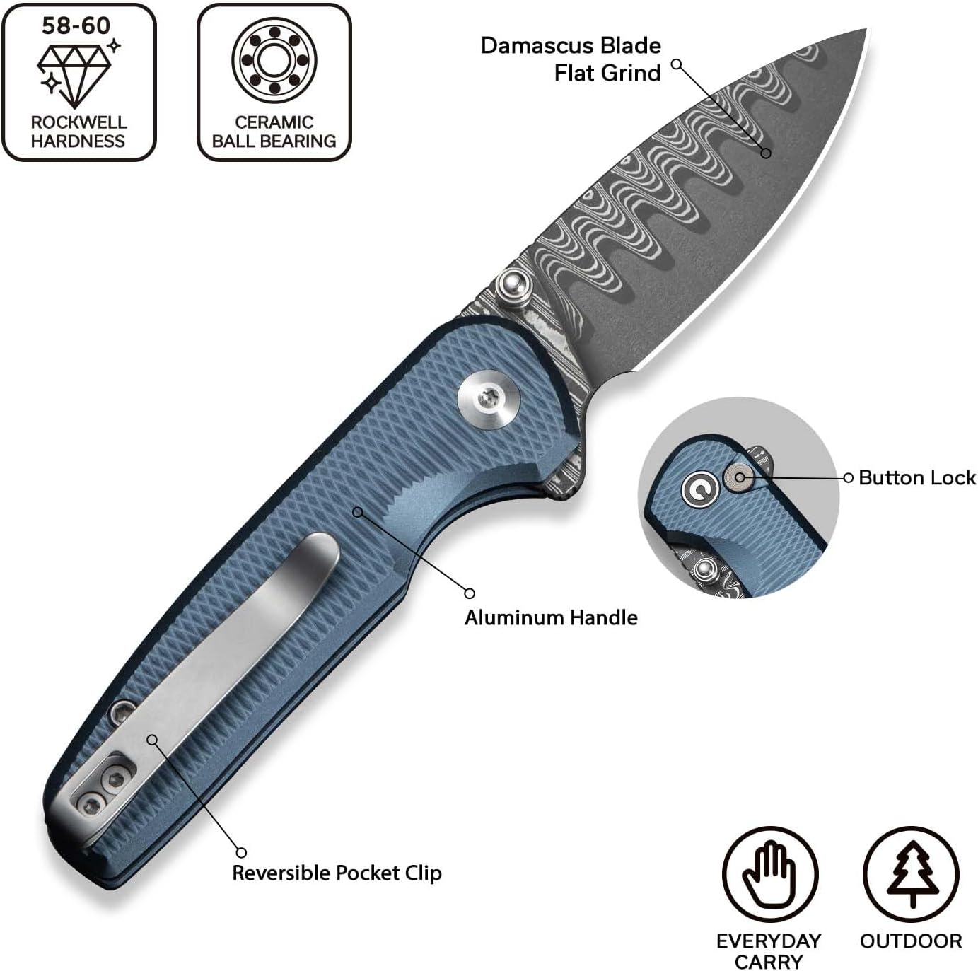 CIVIVI Mini Shakan Pocket Knife for EDC, Small Folding Knife with 2.48" Nitro-V Blade Aluminum Handle, Reversible Deep-Carry Clip C20052F-DS1