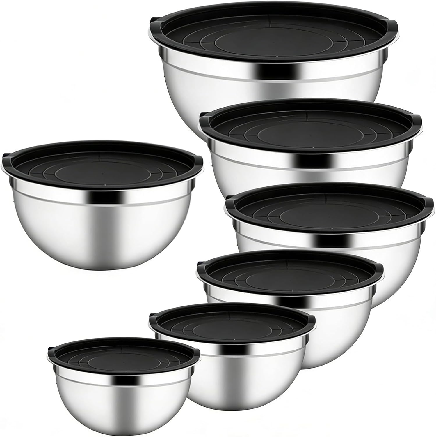 Stainless Steel Mixing Bowls, 7 Nesting Prep Set, Airtight Lidded Kitchen Containers, Multi-Function Bowls with Food Safe Design, Cooking Storage Preparation, Snacks Eggs Vegetables Dough
