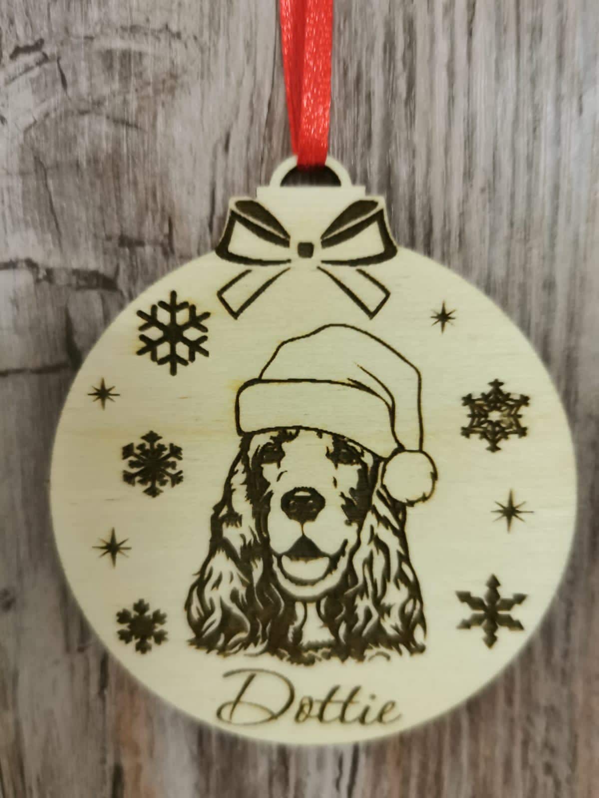 Cocker Spaniel dog pet tree decoration secret Santa bauble Christmas engraved wooden birch plywood xmas