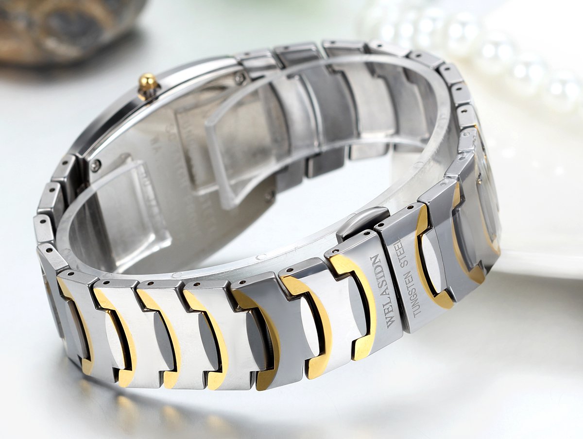 JewelryWe Regalo de cumpleaños carburo de tungsteno cuadrado esfera negra dos tonos reloj de pulsera de cuarzo fecha hombre reloj