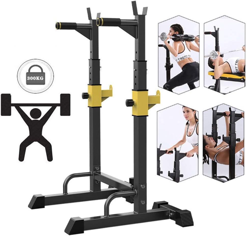 調節可能なスクワットラックスタンド、プルアップバー付き、最大荷重300kg、オリンピックバーベル、フリープレスベンチ、バーベルダンベ