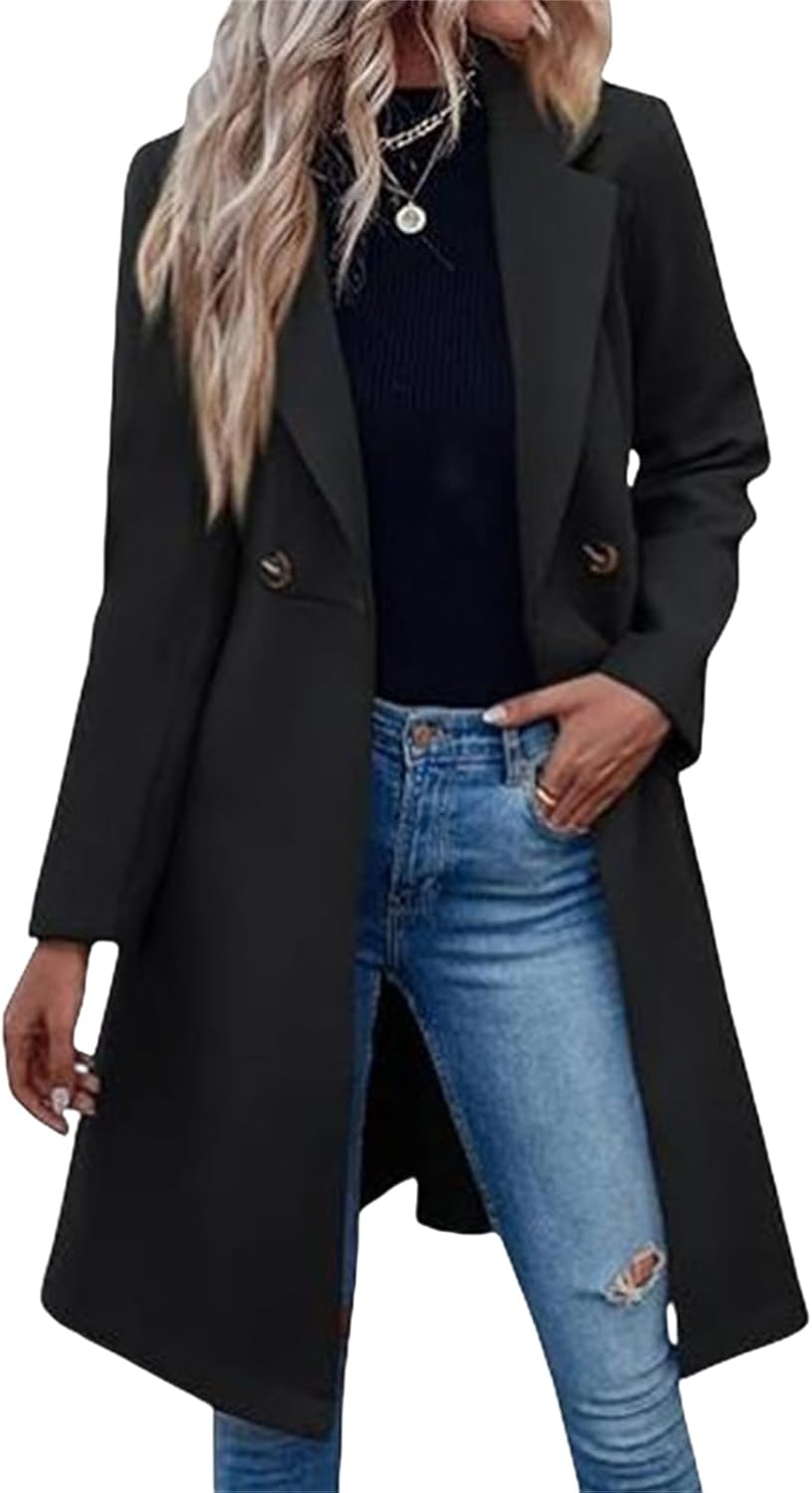 Canbebig Trench Coat for Women Double Breasted Pea Coat Wool Blend Long Jacket Notched Lapel Overcoat Long Sleeve Outwear