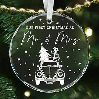Mr and Mrs First Christmas Ornament 2025 - Newly Married Xmas Ornament, Bridal Shower Gifts for Bride, Gift for Engaged Couple, Wedding Gifts, Our First Christmas Married Glass Ornaments