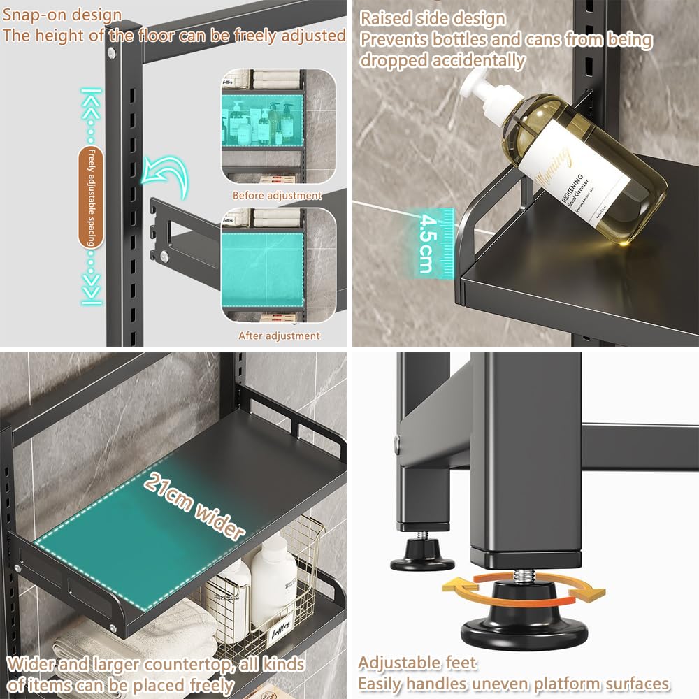 NUODWELL 3-stöckiges Toilettenregal, freistehend, Metall-Badregal, platzsparend, über dem WC-Aufbewahrungsregal, multifunktionales WC-Aufbewahrungsregal für Badezimmer (schwarz)