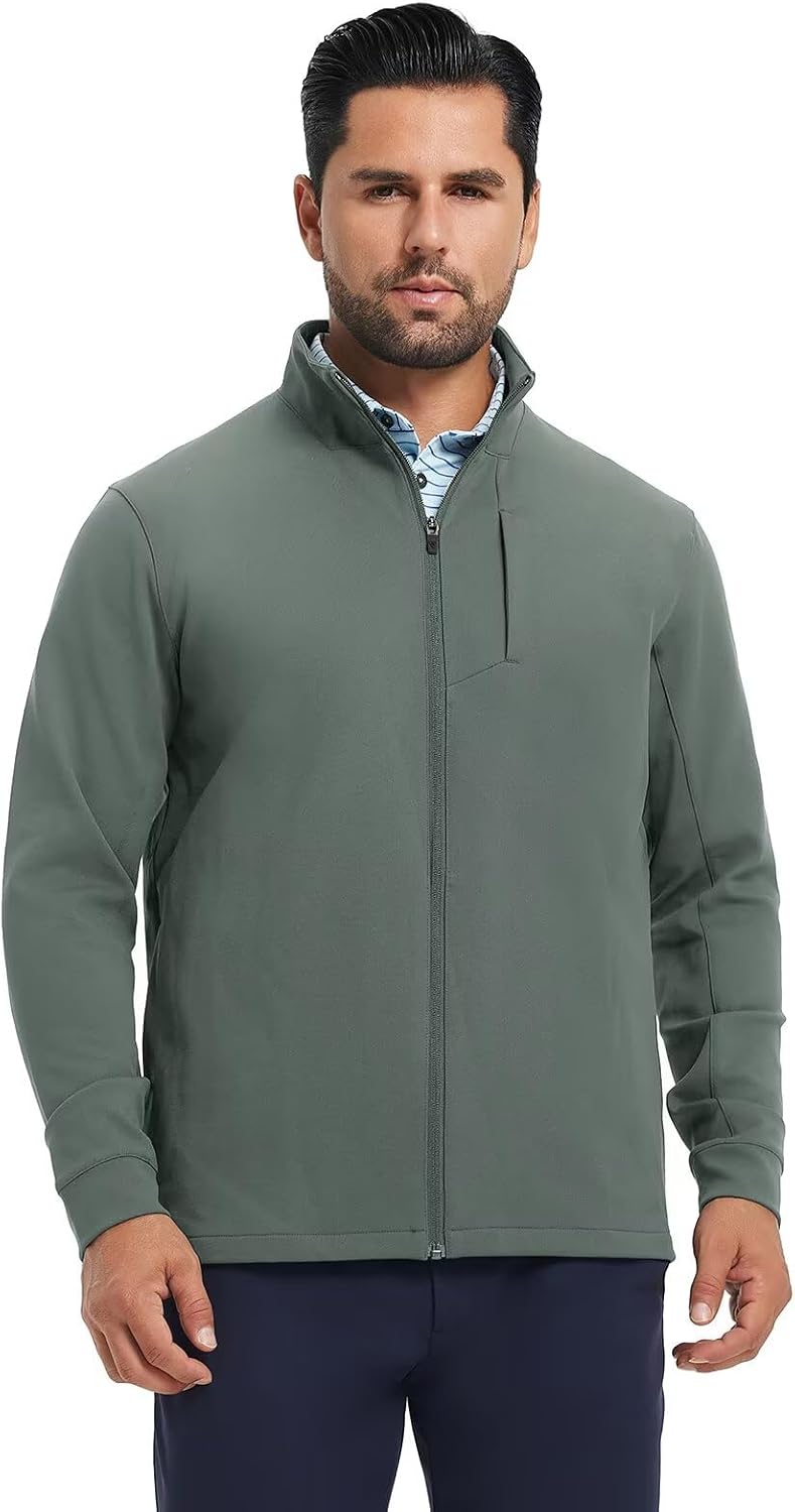 MAELREG Mens Full Zip Up Jacket Casual Stand Collar Lightweight Golf Softshell Windbreaker Jacket for Men 5 Pockets