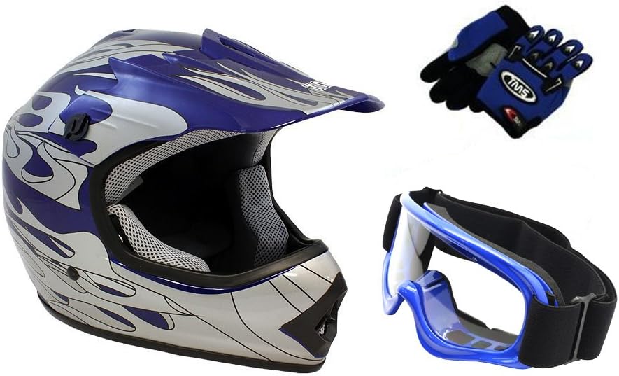 TMS Youth Kids Blue Flame ATV Dirt Bike Motocross Helmet with Goggles and Gloves (Small)