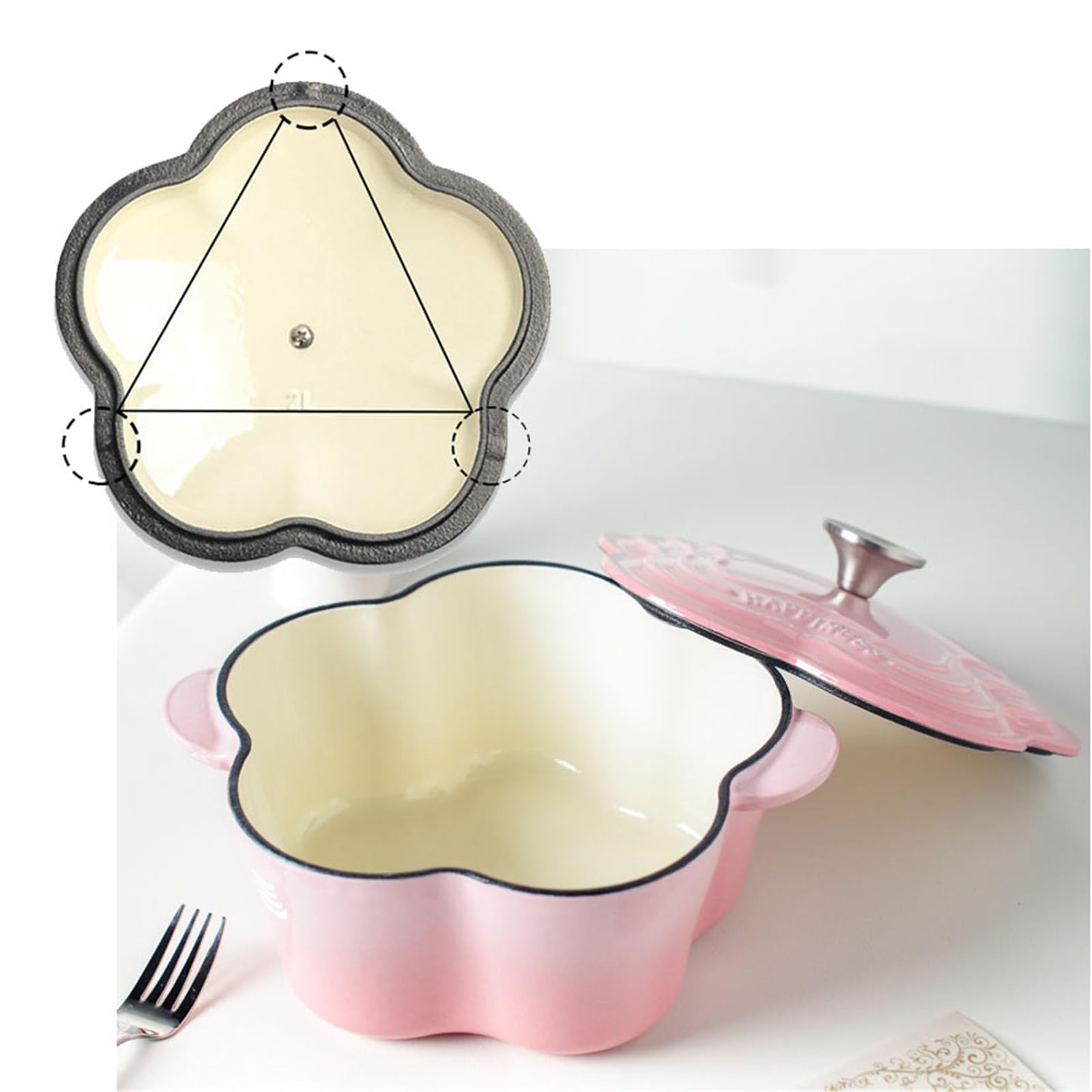 Olla Con Forma De Flor, Olla Para Sopa De Pétalos Resistente Esmaltada Y Antiadherente Con Distribución Uniforme Del Calor, Hierro Fundido Bonita Y Segura Tapa, Para Hornear, Estofar(Blue)