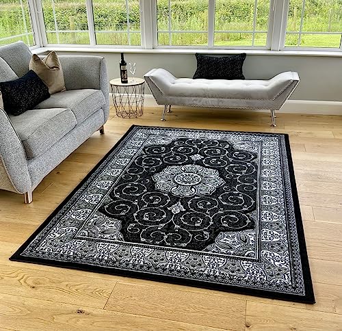 Image of CLASSIC TRADITIONAL VINTAGE RUG RUNNERS FLORAL PERSIAN STYLE RUGS (Black Silver, 120x170cm)