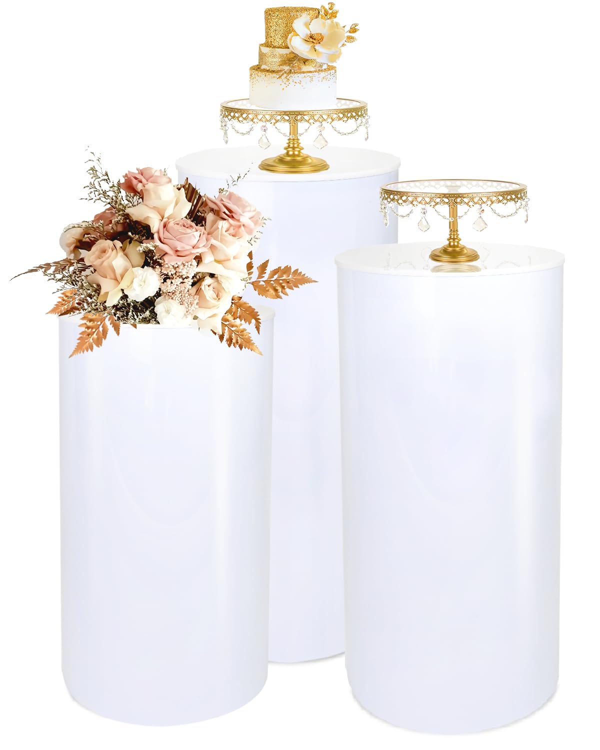 GALAGLAM White Cylinder Stands for Party, Wedding, Birthday, Baby Shower,3 Pcs Cake Pedestal Displays Stand with 2 Thick Acrylic Rings, Sturdy Decorative Stand 15.7*35.4"(L),14.2*29.5"(M),13*23.6"(S)