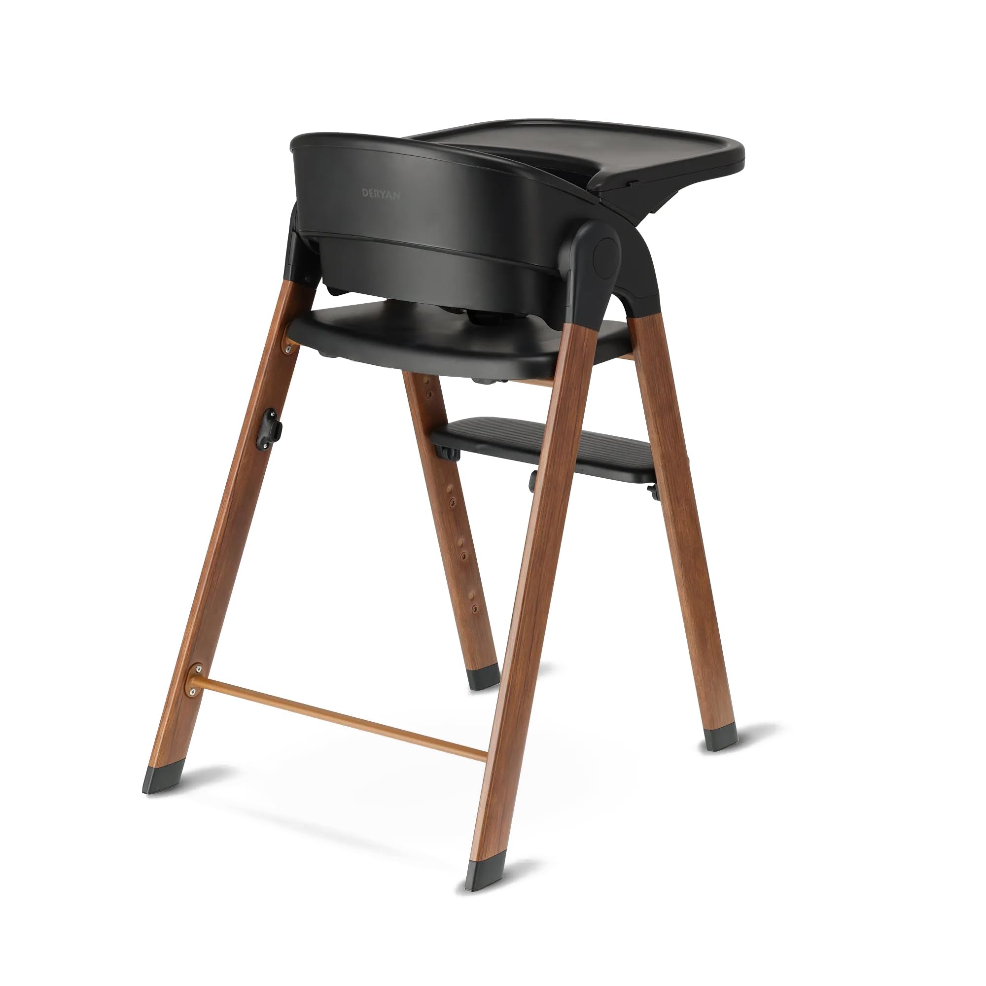Deryan Seggiolone per bambini e bambini – Seggiolone pieghevole in legno – Include cintura a 5 punti – Regolabile in altezza e pieghevole – Include cintura di sicurezza e vassoio – Nero/Legno