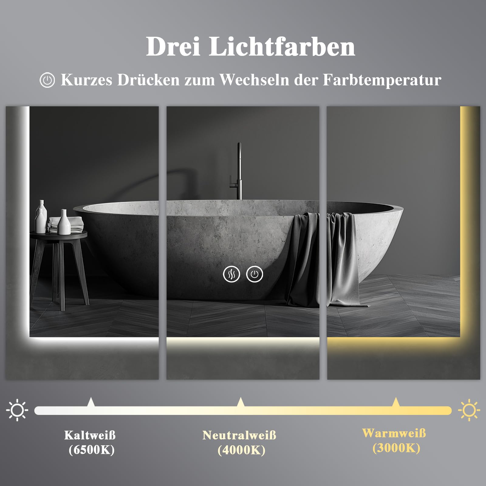 Specchio da bagno con illuminazione, 50 x 90 cm, specchio da bagno a LED curvo, con interruttore touch, dimmerabile, 3 colori di luce, per bagno