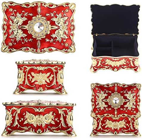 SUMTREE Vintage Metal Jewelry Box Trinket Storage Organizer Box For Rings Earrings Necklace (Red,Medium)