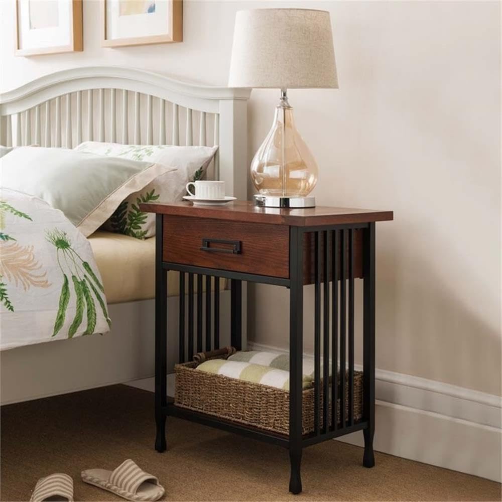 Bowery Hill 1 Drawer Nightstand, 28" H x 24" W x 16" D, Hardwood Solids and Oak Veneers, Mission Oak Finish, Blackened Metal Slats, Lower Display Shelf, Full Extension Drawer Guides, Bedroom Furniture