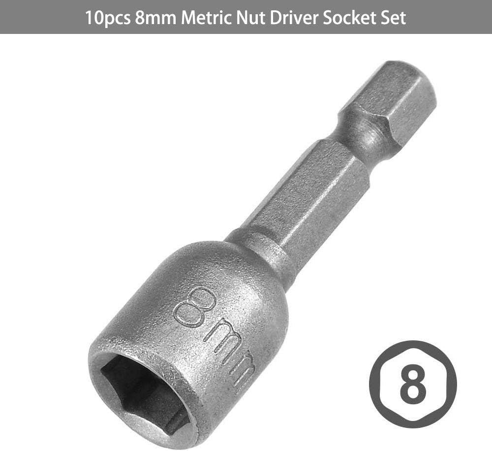 10pcs 1/4'' Hex Shank Power Nut Driver Bit Set 8mm Impact Nut Setter Socket Driver Drill Bit Set, 42mm Length