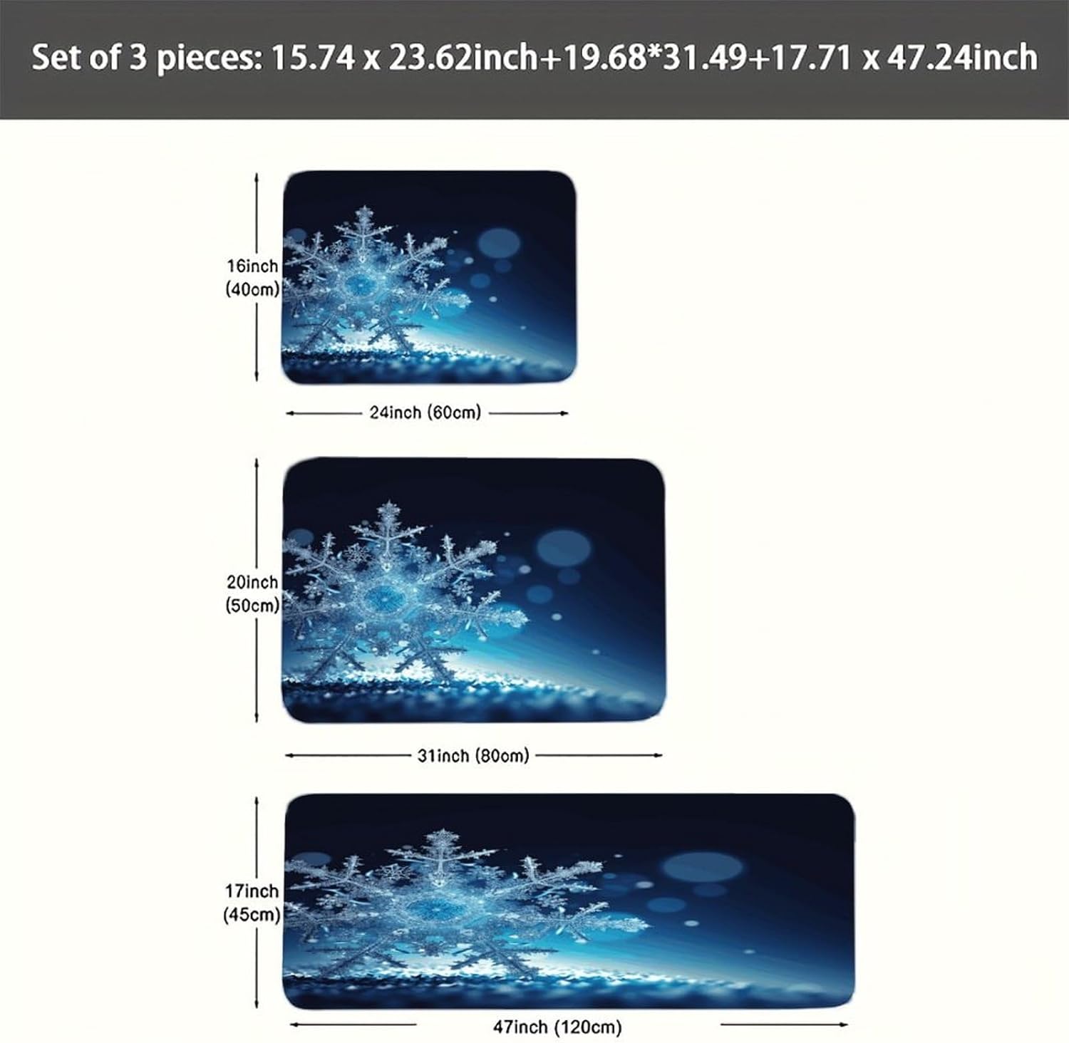 Blue Christmas Snowflake Kitchen Mats Soft Absorbent Rugs for Floor Non Slip Washable Kitchen Mats Fashion Rectangular Rugs for Three-Piece Set for Laundry Office Home Sink