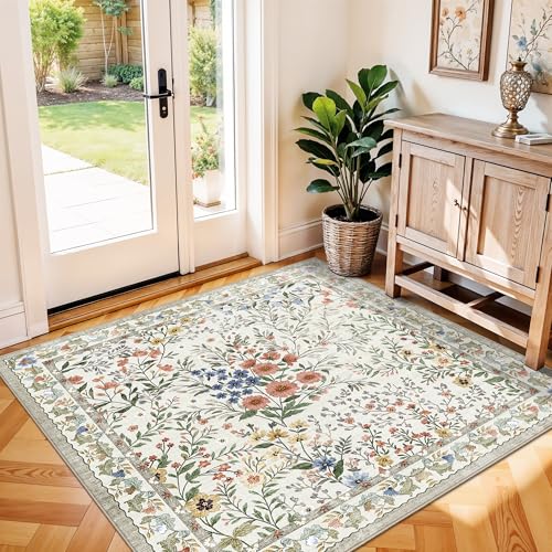 Tapete cuadrado 4x4 ft beige floral antideslizante