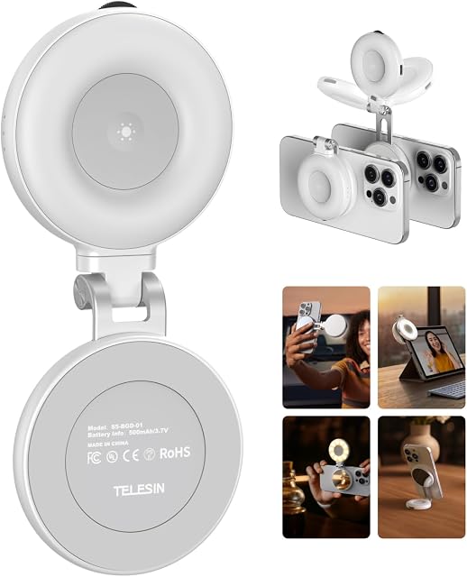 TELESIN C03 Magnetic Phone Selfie Light Compatible avec iPhone Mag-Safe CRI97 360° LED La lumière de remplissage de bague de Selfie avec miroir pour les selfies/photographie/TikTok/Zoom Appels/Conférence vidéo (Blanc)