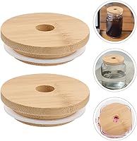 Vista 9 de Tapa de bambú para frasco, tapa de frasco, tapa de botella, tarro de vidrio, tapa de bambú, tapa de tarro con agujeros para pajilla, tapa