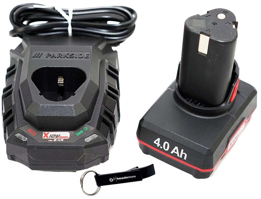 HEADNMORE® Pack Parkside® 12 V - 1 batteria 4 Ah 4 Ah PAPK 12 B4 + 1 caricabatterie PLGK 12 A3 2,4 A - Batteria per utensili + portachiavi HEADNMORE®