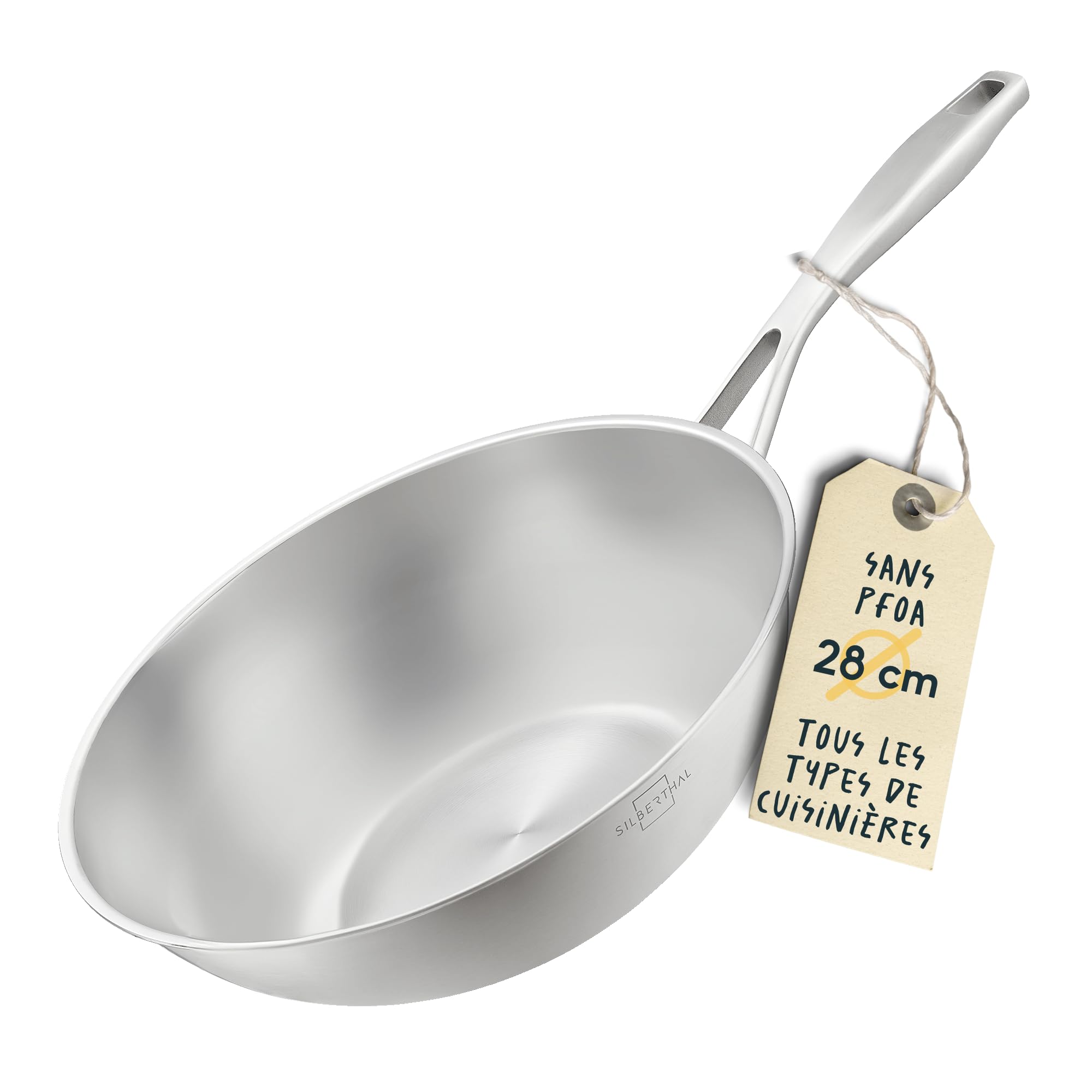 SILBERTHAL Wok Induction Inox 28cm - Sans Revêtement -Bord haute - tous Feux Et Four - Cuisson Rapide Et Saine- Sans PFOA et PFOS
