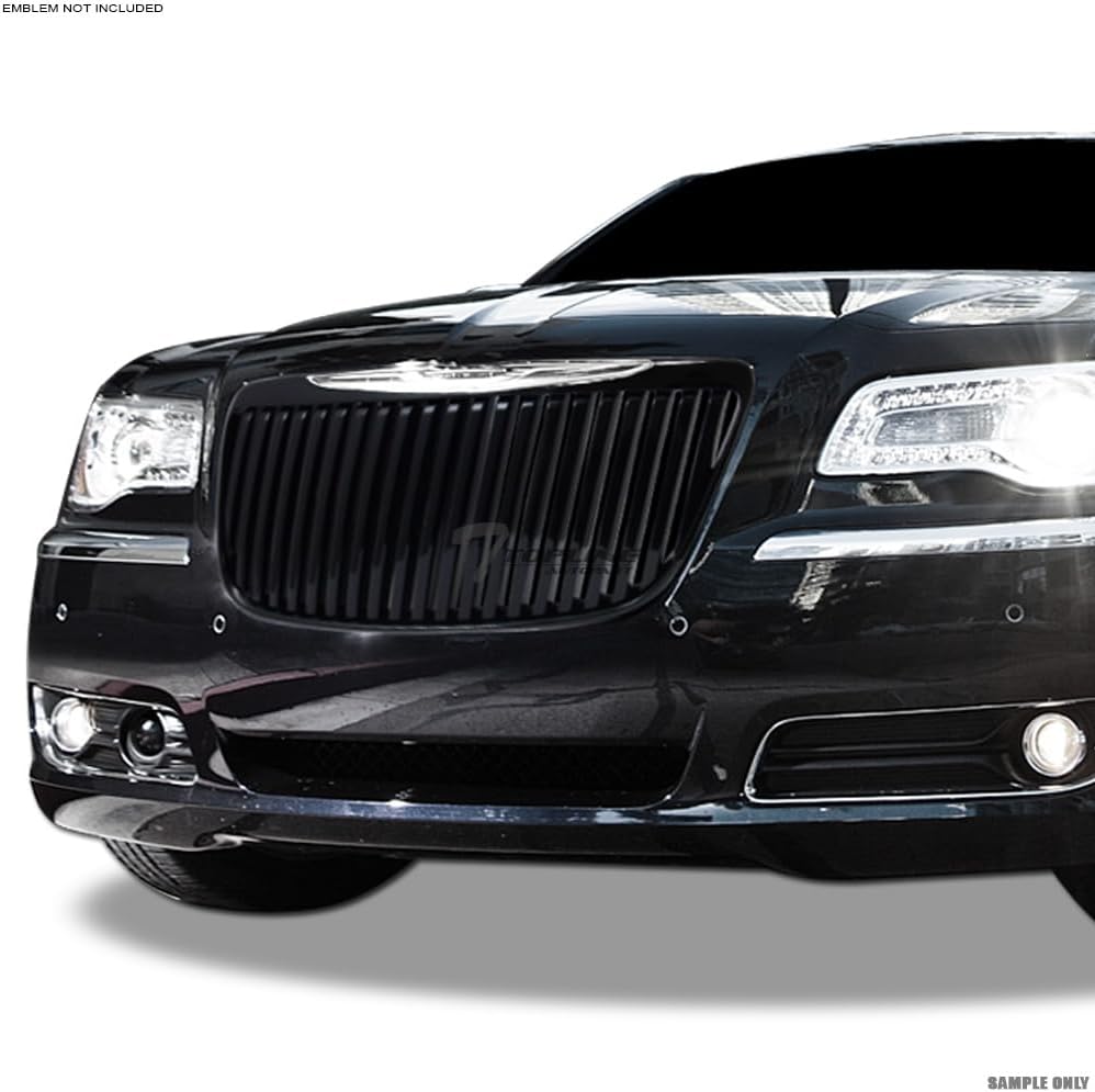 Luxury Vertical Front Hood Bumper Grille - Compatible With 2011-2014 Chrysler 300 300C All Models - Black ABS Replacement Mesh Grill Upgrade - Stylish Chrome Delete Front End Accessory