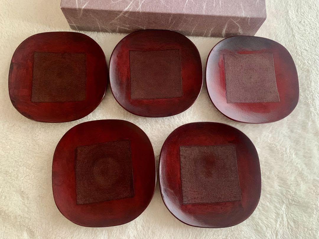 Amazon.co.jp: 会津塗り 布着せ塗り 漆器 5枚セット 紅布着 隅丸皿
