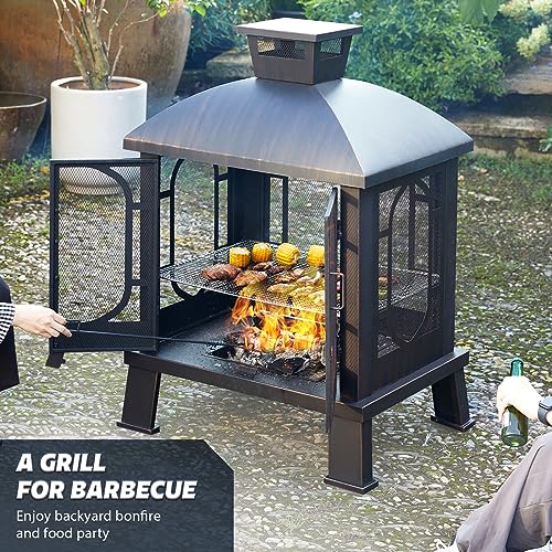 PAPABABE 45\" Fire Pit Pagoda, Wood Burning Chimney Firepit with Grill Grate Outside for Garden Backyard BBQ Bonfire