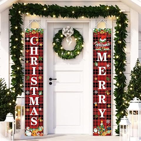 Eillekys Christmas Porch Sign Decorations Banners, 71 x 12 Inches Merry Christmas Banners Xmas Decorations Hanging Banner Xmas Couplet Curtain Flags for Outdoor Indoor Decor Red Black Buffalo Plaid Cover
