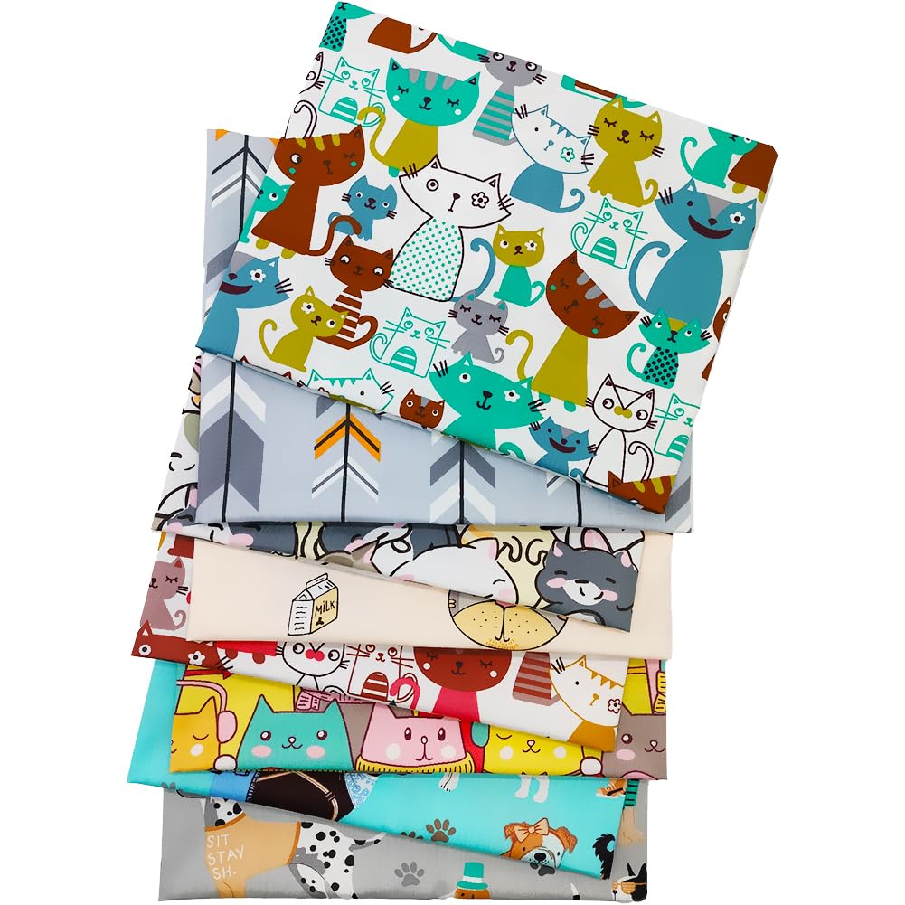 Tela de 8 piezas por lote de tela de retales 100% algodón, 50 cm x 50 cm, tela de algodón precortada para patchwork, costura acolchada, diseño de perro gato