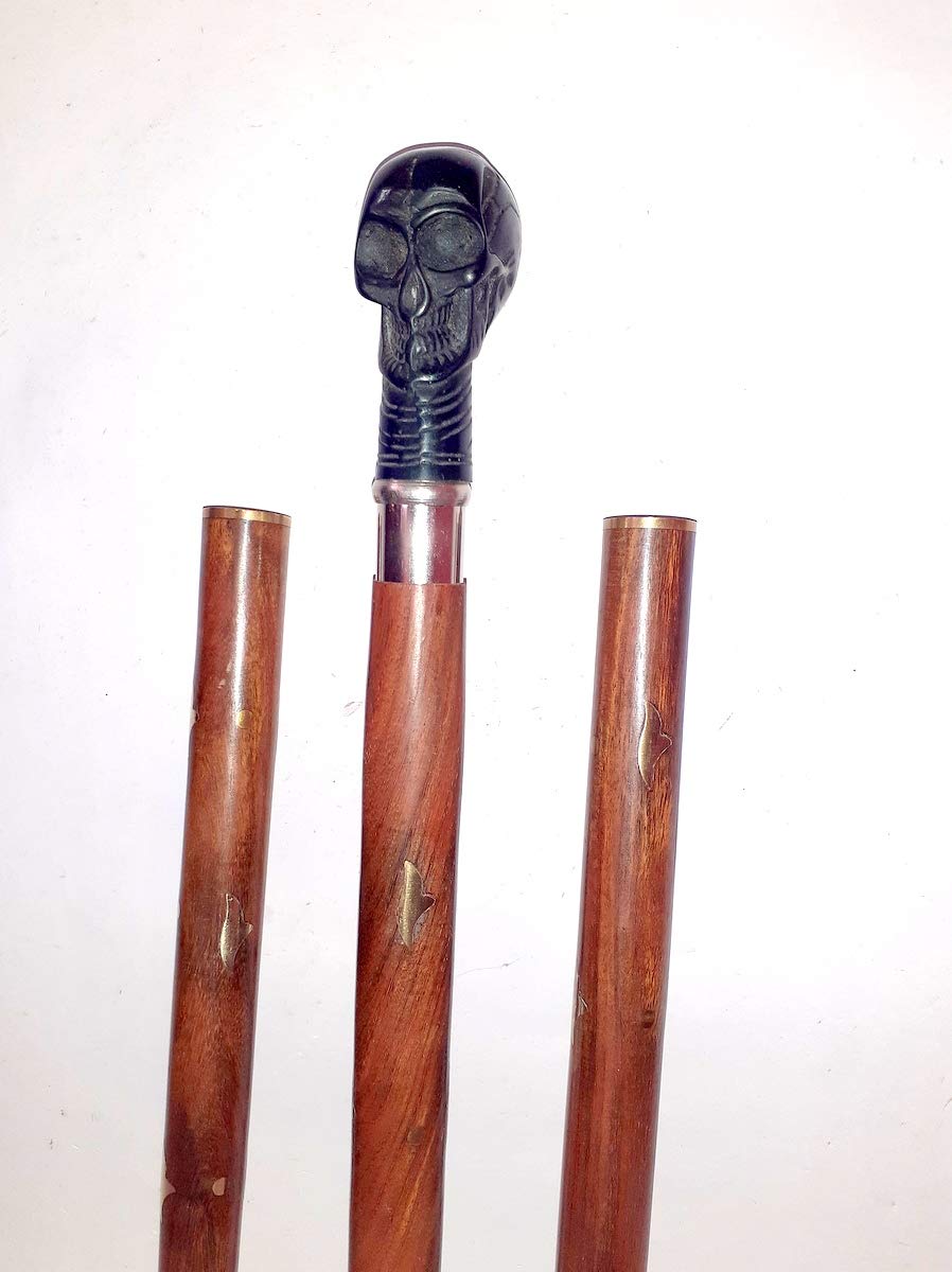 Canne de marche noire faite à la main avec crâne vintage accessoire bois