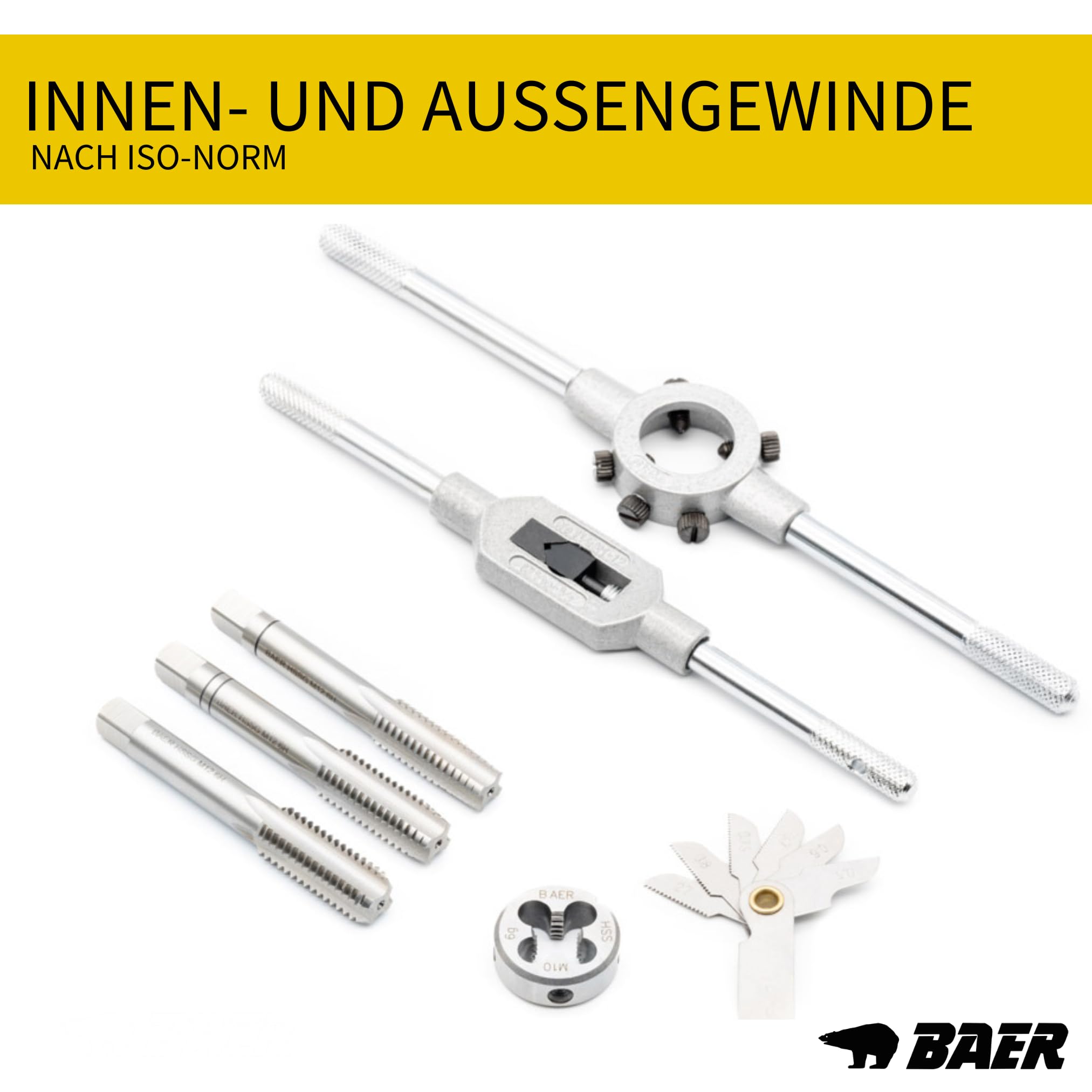 BAER Gewindeschneider Set M3-M12 HSS-G | Gewindeschneidsatz Gewindebohrer & Schneideisen | Innen- und Außengewinde schneiden | Windeisen & Schneideisenhalter | Metallkassette