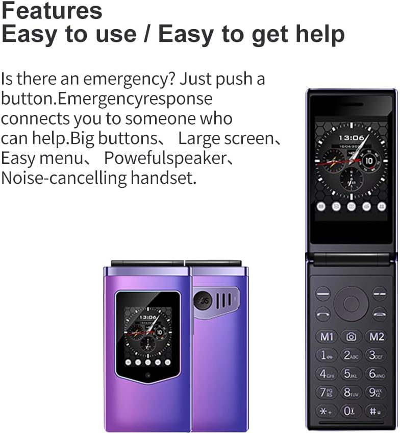 HAMTOD T8 Foldable Phone in purple, both closed and open views, highlighting large buttons and easy menu.