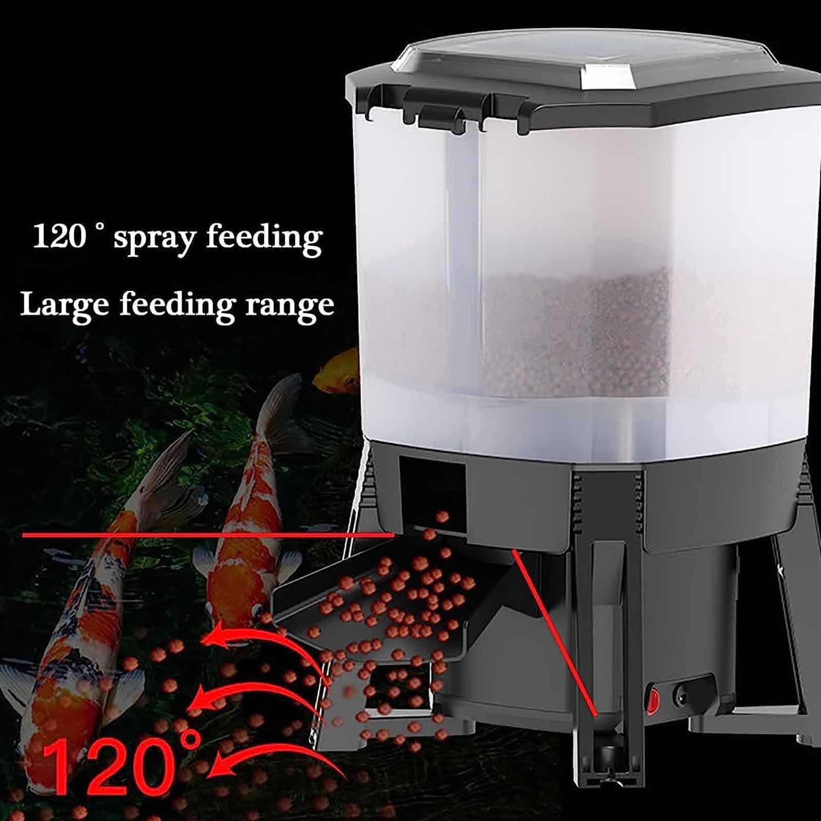 ERICAT Dispenser Automatico Solare per Mangime per Pesci da Laghetto da 6 Litri, Dispenser Elettrico per Mangime per Pesci con Display LCD E Timer, Alimentazione Dispersa a 120° E 6 Tempi