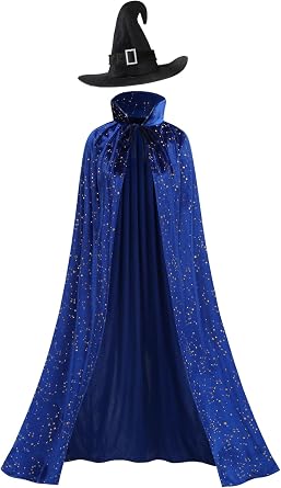 GRAJTCIN Womens Witch Cape Wizard Vampire Full Length Shiny Star Velvet Cloak with Witch Hat Halloween Christmas Costume Set