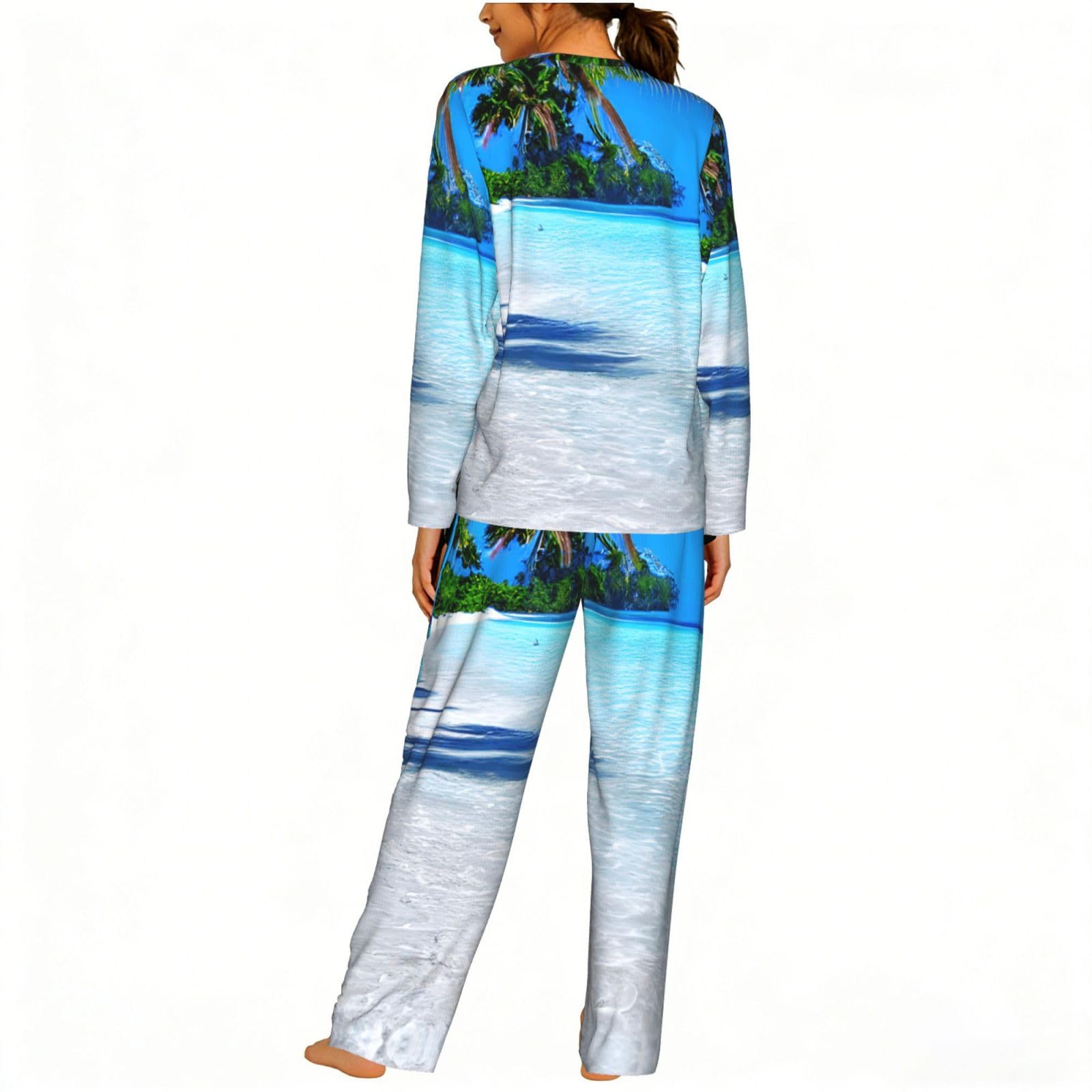 Pigiama da donna a maniche lunghe con stampa tropicale di sabbia bianca spiaggia e oceano morbido pigiama da spiaggia vacanza da notte regalo casual