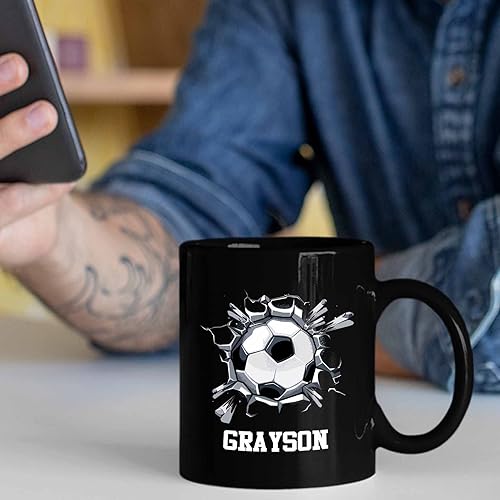 Miniatura 6 de Taza de cerámica negra personalizada con nombre, regalos para jugadores de pelota de fútbol, amantes del deporte, tazas de café personalizadas de 11