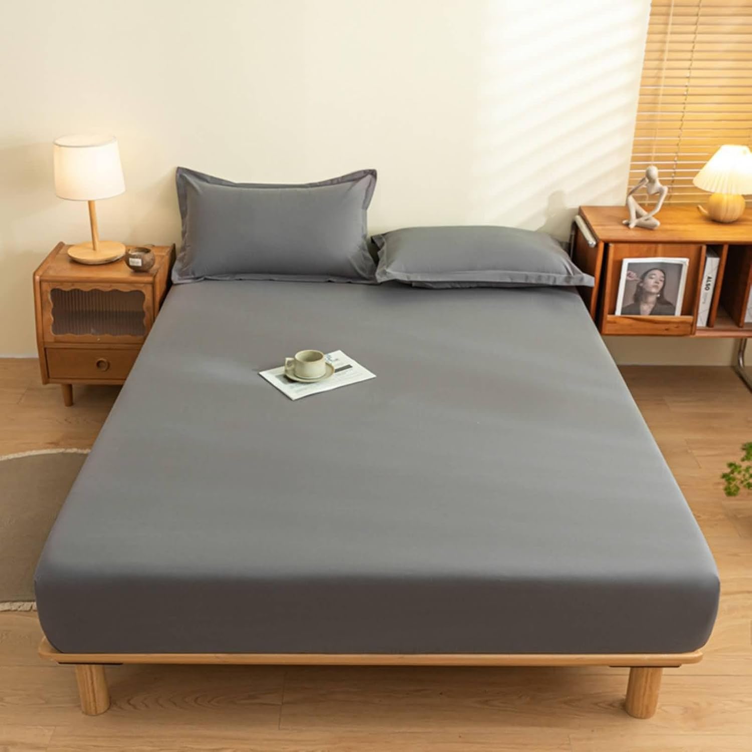 Beydodo Bed Fitted Sheet with Deep Pocket, Bedding Fitted Sheet 120x200cm Solid Dark Grey, Cotton Fitted Bed Sheets for Dorm