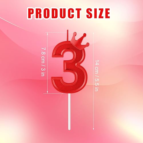 Miniatura 2 de Vela de número de cumpleaños de 3.15 pulgadas, decoración de pastel 3D roja con corona de números de pastel, velas numéricas para fiestas de