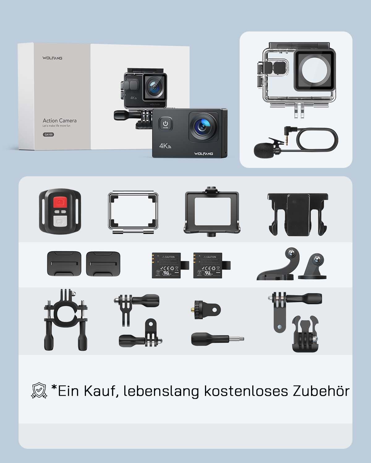 WOLFANG Action Cam 4K 30FPS 20MP mit 32GB microSDXC WiFi 40M Unterwasserkamera Wasserdicht EIS Actioncam Zubehör Kit