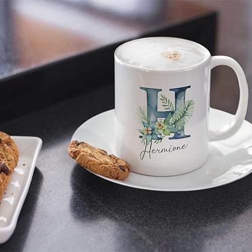 Miniatura 3 de Taza de cerámica blanca con monograma de letra inicial personalizada, alfabeto floral, nombre personalizado y inicial A-Z, taza de café de 11 onzas