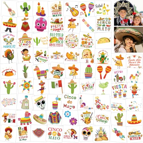 Cinco De Mayo Mexican Fiesta Temporary Tattoos Face Body Stickers 75pcs Party Favors for Kids Decorations Supplies