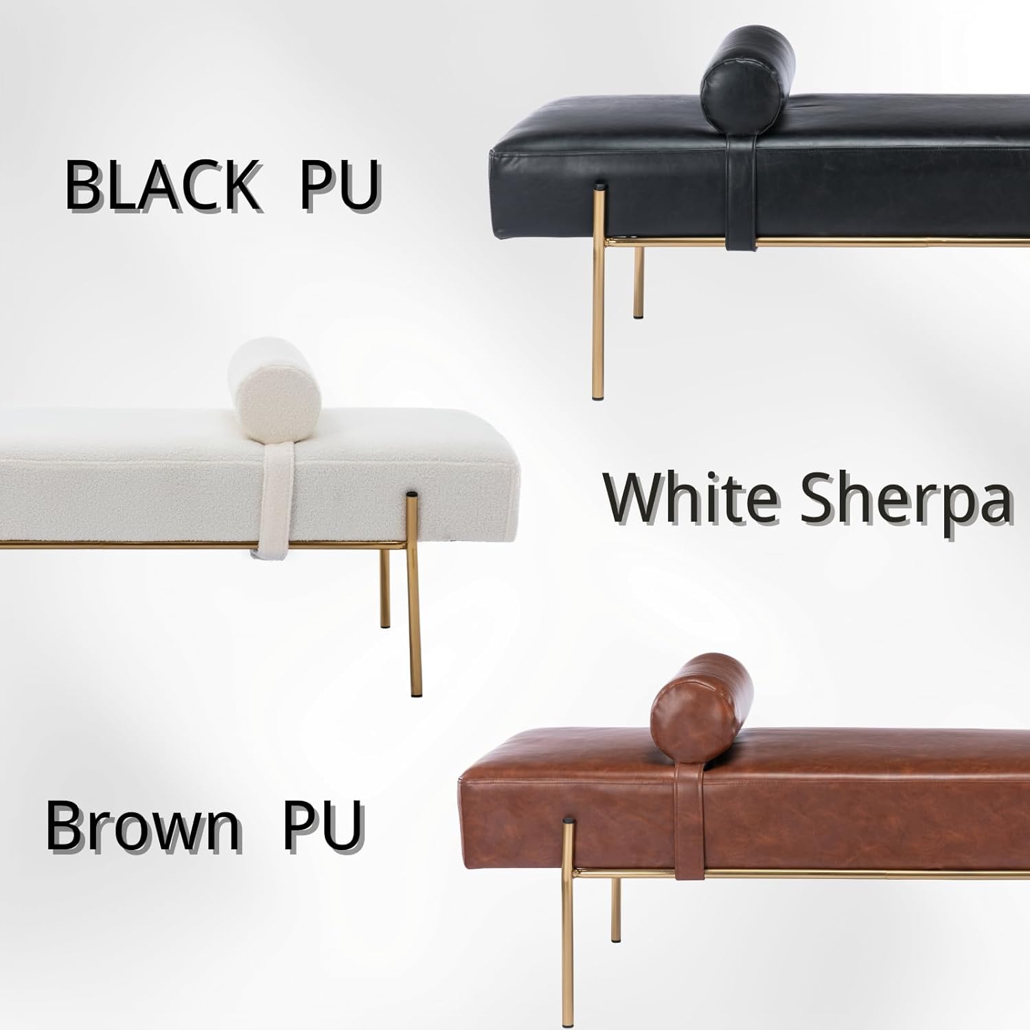 Modern 55" White Sherpa End of Bed Bench, Upholstered Entryway Bench with Detachable Pillow for Living Room, Cream Long Bench with Gold Metal Legs for Bedroom Foyer Indoor Entryway