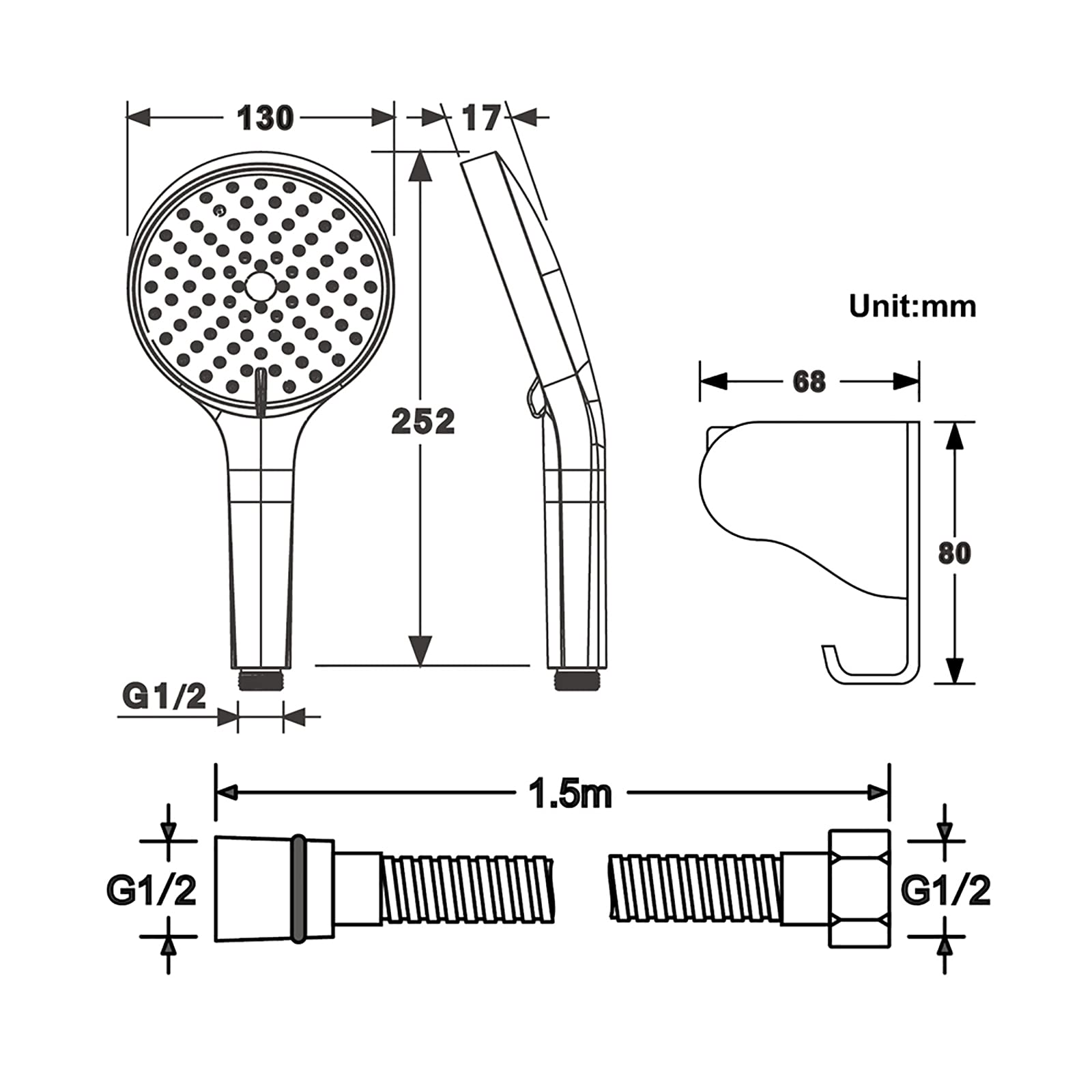 Soffione Doccia Nero Universale ABS Doccetta per Doccia con 3 modalità di Funzione, Telefoni Doccia Alta Pressione Doccetta per Vasca con ABS Supporto Doccia, 1.5M Tubo Doccia, G1/2