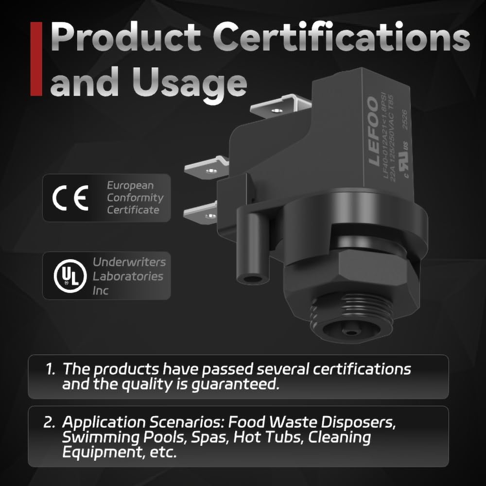 LEFOO LF40 Pressure Switch for Spa/Hot Tub Pump and Food Waste Garbage Disposal.