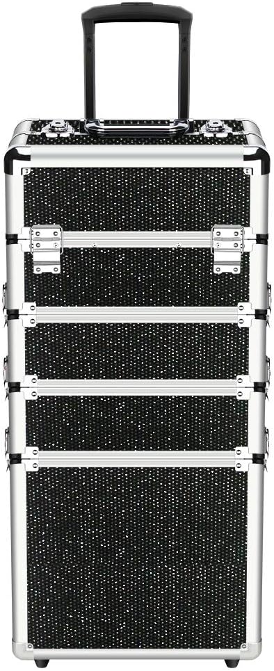 OUDMAY Makeup Case - 4 in 1 Professional Cosmetics Rolling Train Organizer with Aluminum Frame and Folding Trays Black Diamonds