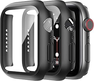 Suoman Pacote com 2 capas compatíveis com Apple Watch SE Series 6 5 4 44 mm, protetor de tela de vidro temperado 9H + capa protetora completa rígida para iWatch 44 mm – preta