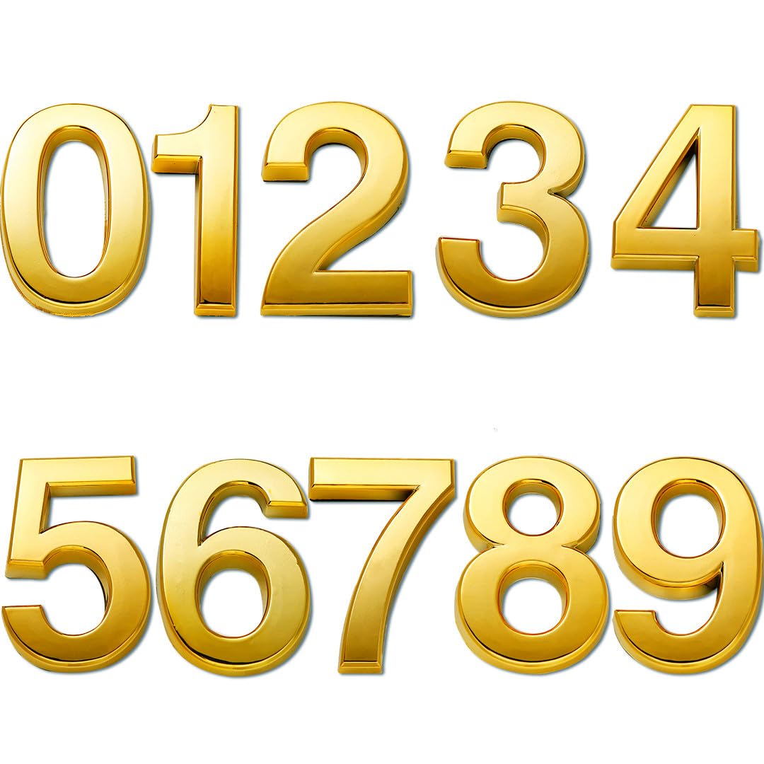 Mailbox Numbers, 2 Inch Door Address Numbers Stickers for Apartment/Office/Home Room, Golden Shinny, Pack of 1 Set, 10 Pcs 3D numbers.(2" 10 Pack (0-9), Brass)