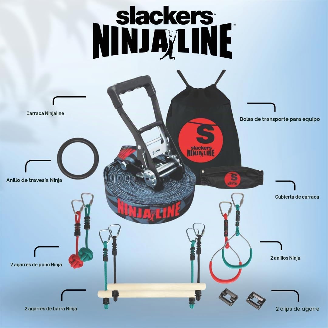 Slackers Ninja Line Starter Set - Recorrido Colgante al Aire Libre & Slackline para niños Mayores de 5 años- Juego Completo con 11 m de Slackline, 7 obstáculos, trinquete & Bolsa de Transporte