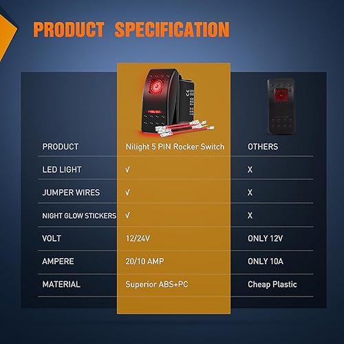 Miniatura 9 de Nilight Paquete de 3 interruptores basculantes con calcomanías de brillo nocturno para bricolaje, encendido y apagado de 5 pines SPST, luz LED,