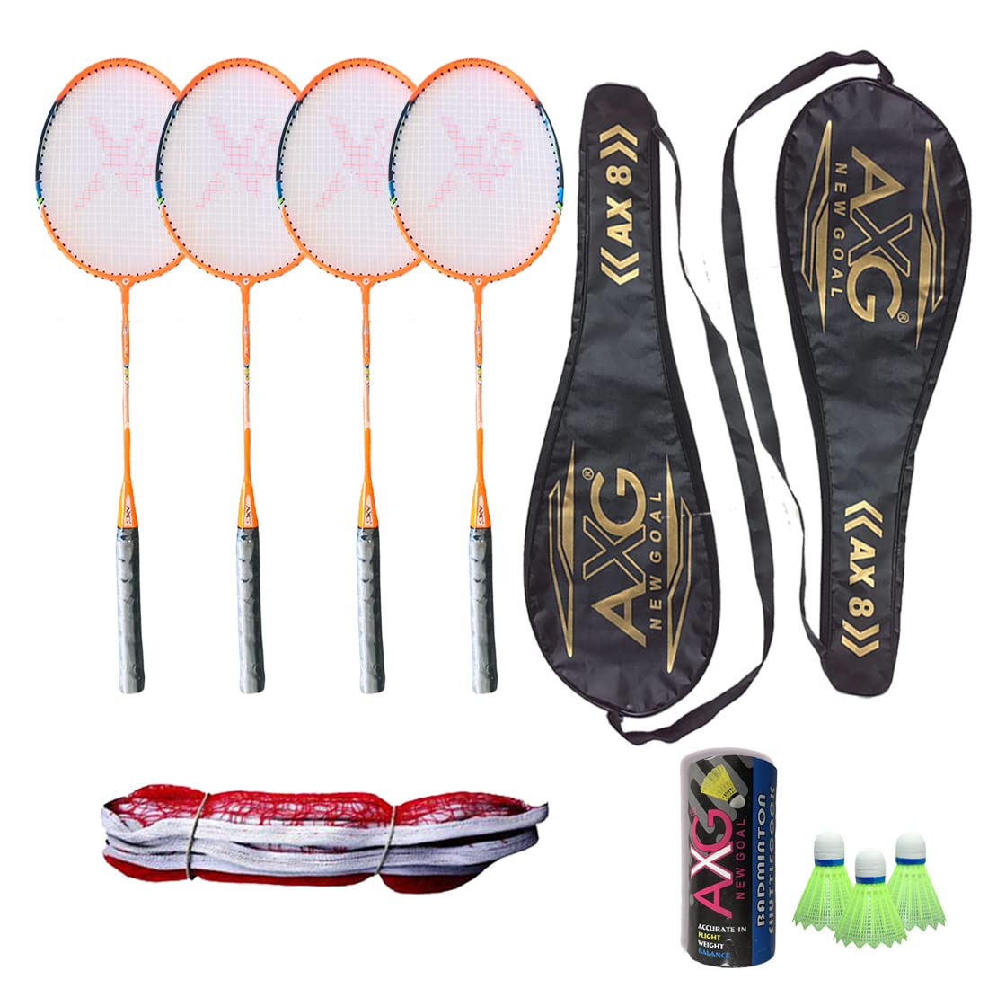 AXG NEW GOAL Rugged (4 Fluorescent Aluminium Racquets, 3 Plastic Shuttles, Net and 2 Cover) Badminton Kit (Orange)-image-37